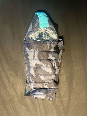 PUFFIN, the OG beverage sleeping bag, grey camo, teal trim